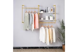 EDCB Industrial Pipe Wall-Mounted Clothing Rack with 2 Wood Shelves - Heavy Duty Double Rod Metal Garment Organizer for Bedroom/Retail Stores, Gold (30H×12.5D×59W inch)