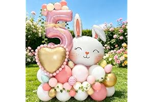 Bunny Themed Number 5 Balloon Column Set (1-9 Variants) - Pink Number, Cute Rabbit & Colorful Balloons for 5 Year Old Girl Bi
