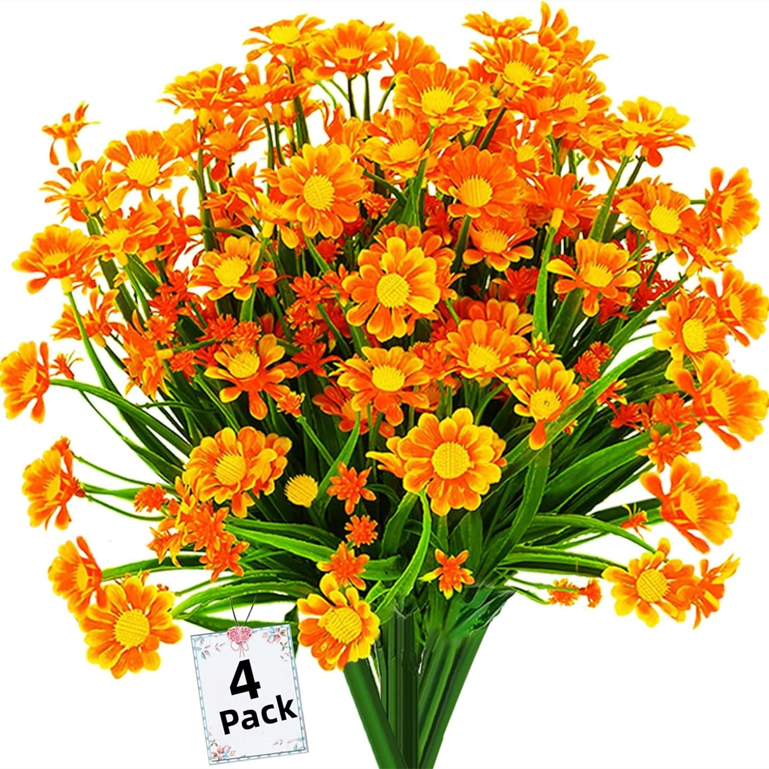 4PCS Artificial Daisy Flowers Outdoor Spring Summer Decoration UV Resistant Fake Flowers Faux Plastic Greenery Shrub Plant Indoor Outside Hanging Garden Home Porch Wedding Party Decor (Orange)