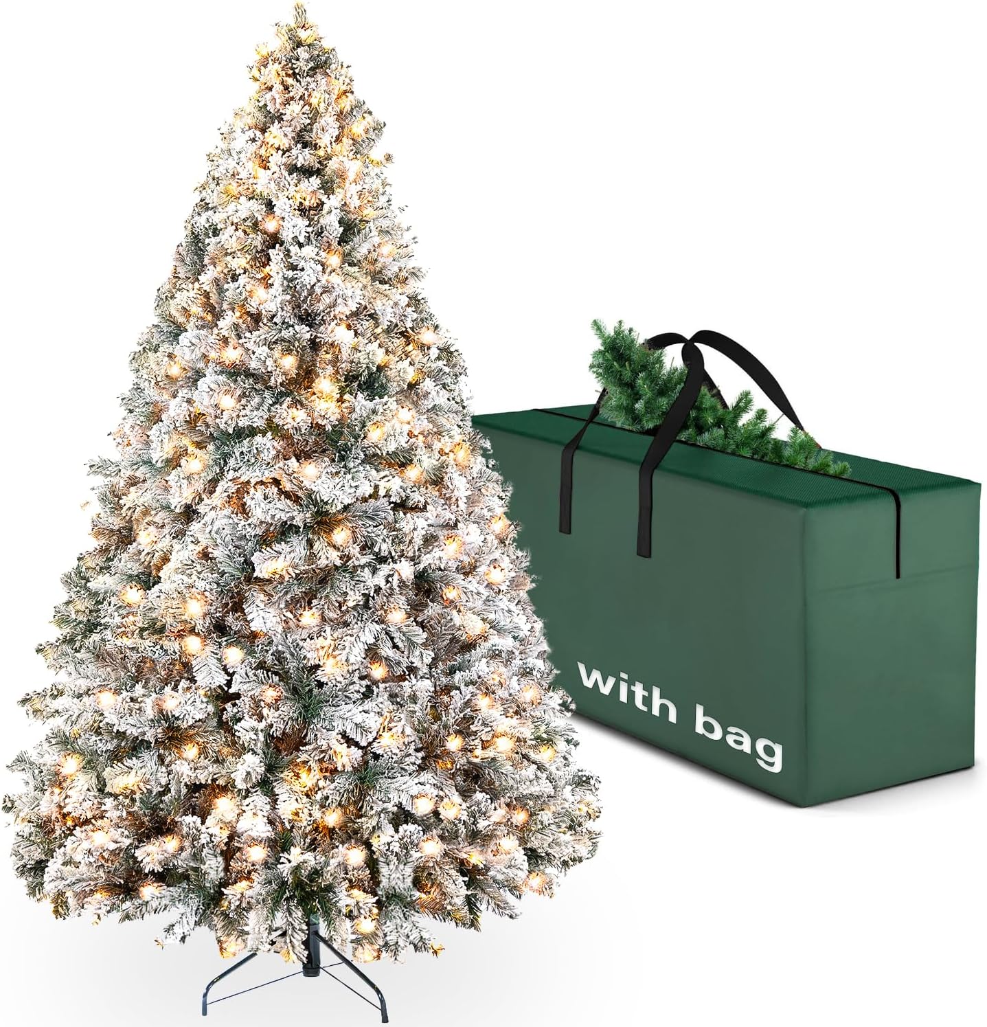 Trees - YouMedi 6.5ft Pre-Lit Snow Flocked Artificial Christmas Pine Tree, Artificial Christmas Tree with Warm White Lights for Home, Party Decoration, Metal Hinges & Base