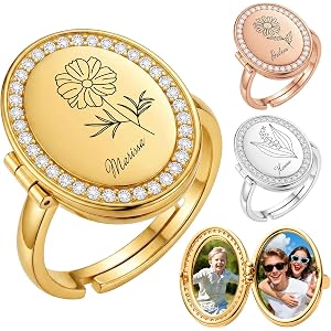 Personalized Photo Locket Ring for Women, Custom Engraved Adjustable Stainless Steel Ring Holds 2 Pictures, Hypoallergenic Me