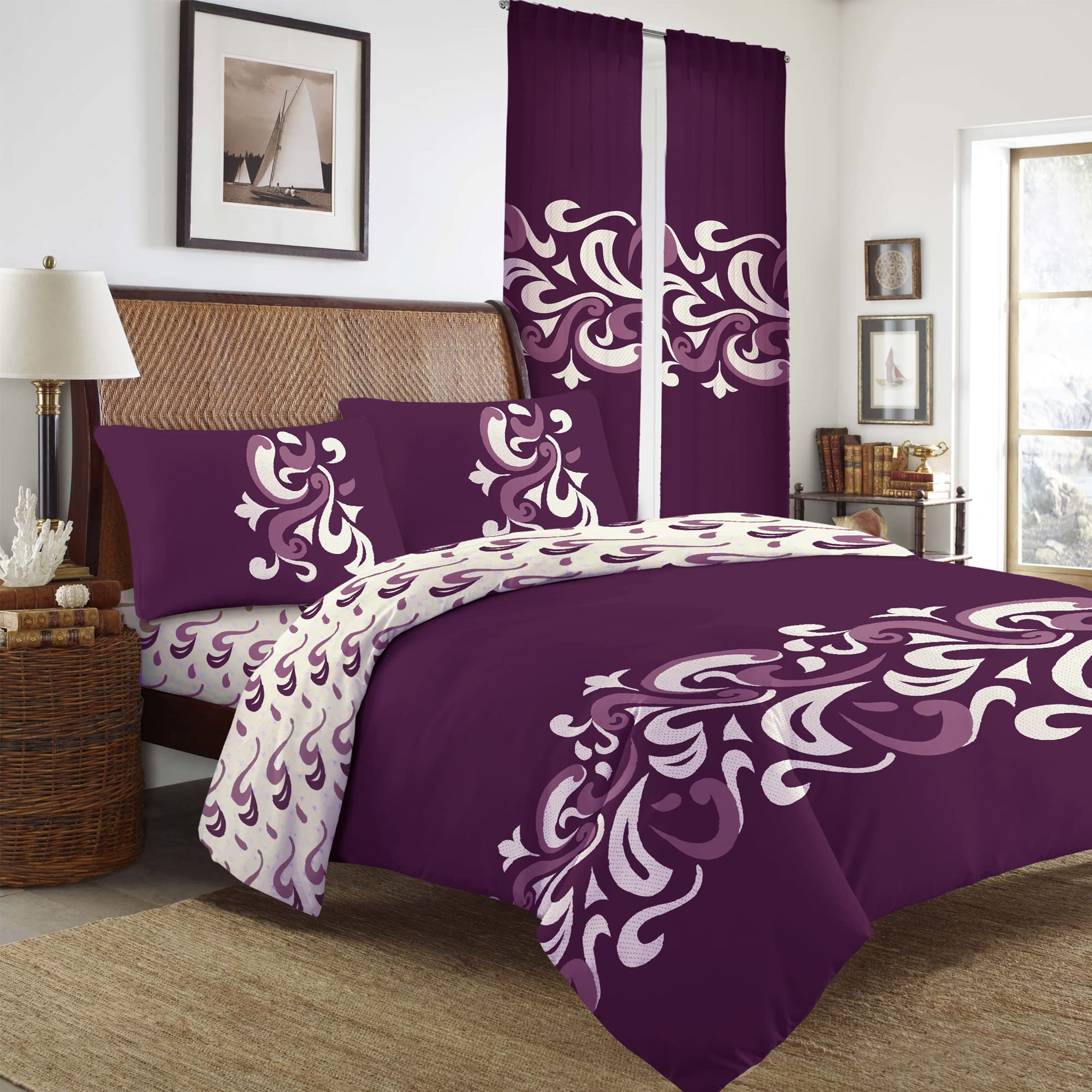 JRI 4 Piece Qaisiria Chelsea Purple Duvet Cover Bedding Set Plain Luxury Set Include (1xDuvet Cover, 1xFitted Sheet, 2x Pillow Case)-Double - (Same Day Dispatch)