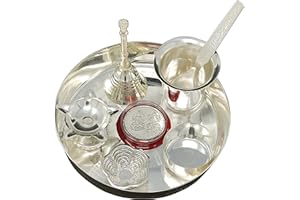 NOBILITY Silver Plated Pooja Thali Set Small 5 Inch Plate Kumkum Holder Diya Ghanti Glass Spoon Bowl Ganesha Laxmi Coin Premium Puja Decorative for Home Office Wedding Return Diwali Gift Items