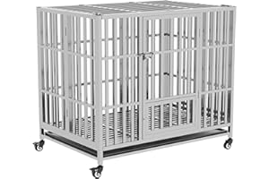 XANYI QIN 37" 42" 48" Heavy Duty Dog cage Stainless Steel Metal Kennel and Crate, Collapsible for Medium to Large Dogs, Easy to Assemble pet Pen with Four Lockable Wheels, Black Tray (42in)