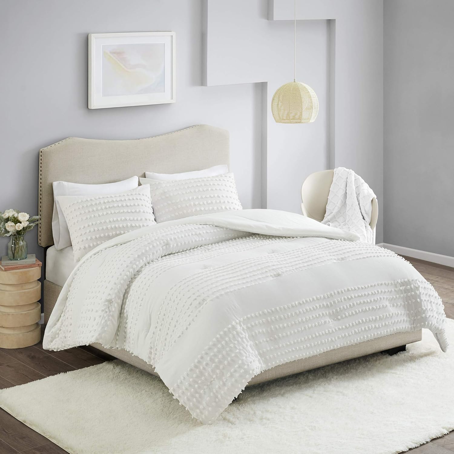 Comfort Spaces Phillips Comforter Reversible 100% Cotton Face Jacquard Tufted Chenille Dots Ultra-Soft Overfilled Down Alternative Hypoallergenic All Season Bedding-Set, Full/Queen, Ivory: Home & Kitchen