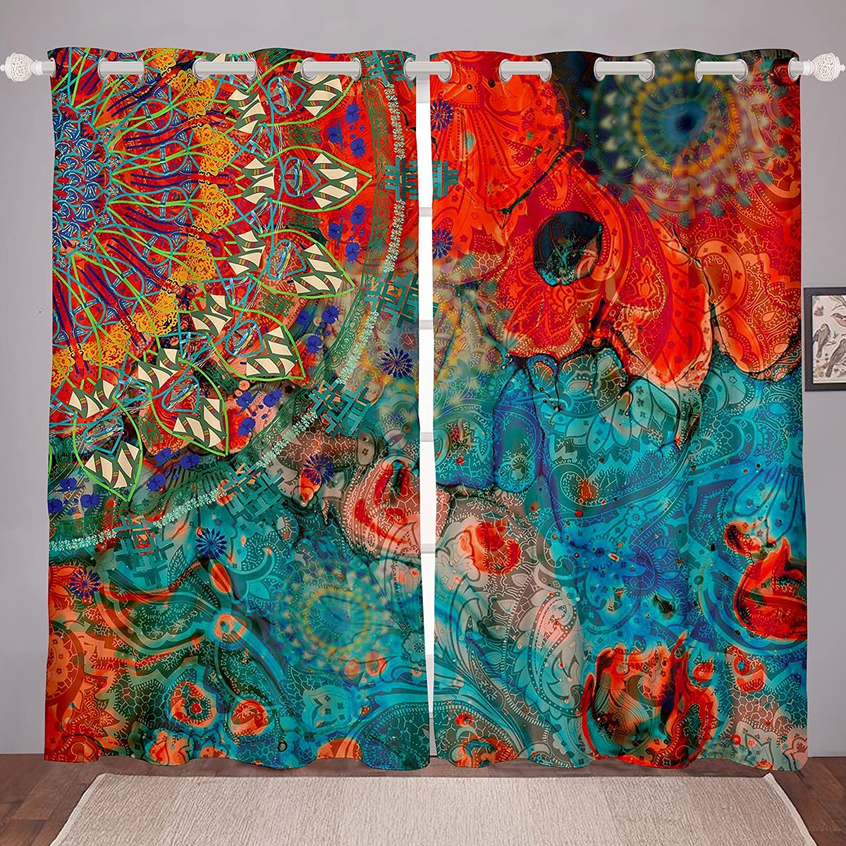 Loussiesd Boho Mandala Window Dreapes Bohemian Style Curtain for Bedroom Children Hippie Mandala Blackout Curtainsative Exotic Floral Window Treatments W66*L72