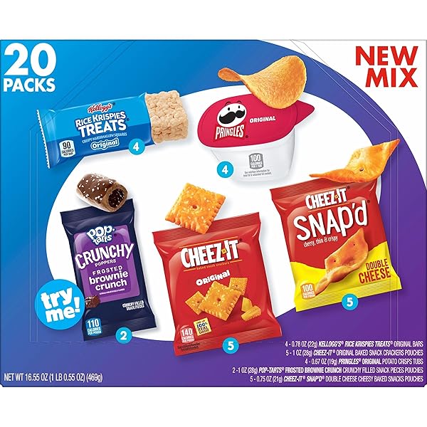 CHEEZ-IT, RICE KRISPIES TREATS, PRINGLES, CHEEZ-IT SNAP’D, POP-TARTS CRUNCHY POPPERS, KIDS SNACKS, SWEET AND SALTY VARIETY PACK (20 PACKS)