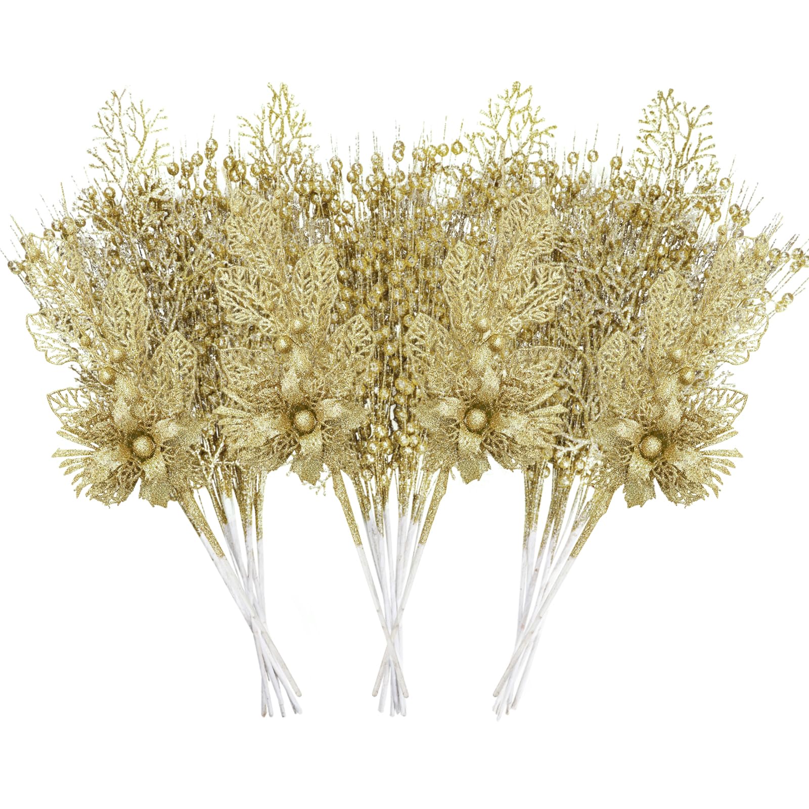 UXORSN 28 Pack Gold Christmas Tree Decorations Artificial Glitter Berry Flowers Stems Branches Christmas Foliage Picks Xmas Tree Ornaments Floral Twig Sticks for Vase Holiday Wedding Party Decor