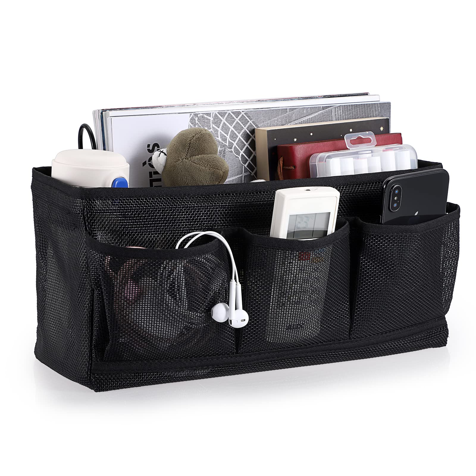 IGNPION Net Bedside Hanging Storage Bed Pockets Baskets Dormitory Bed Organiser Caddy Mulit-purpose Hanging Storage Bag for Home Office School Dorm Hospital, Black