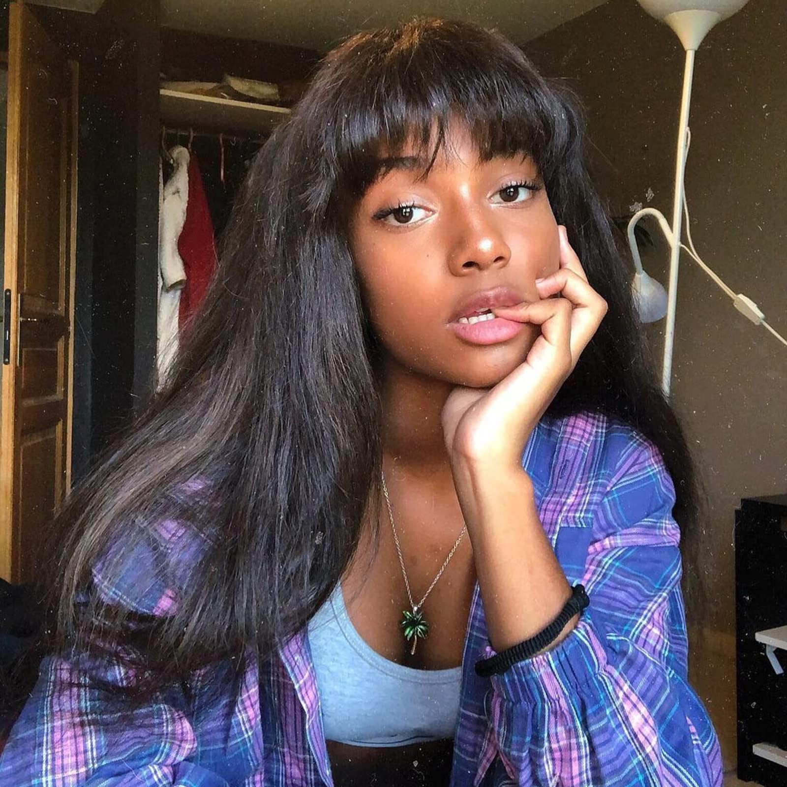 X-Tress Brazilian Straight Human Hair Wigs 20" Middle Length Wig Natural Color with Fringe Free Part Average Size None Lace Wigs Human Hair Brazilian Wig