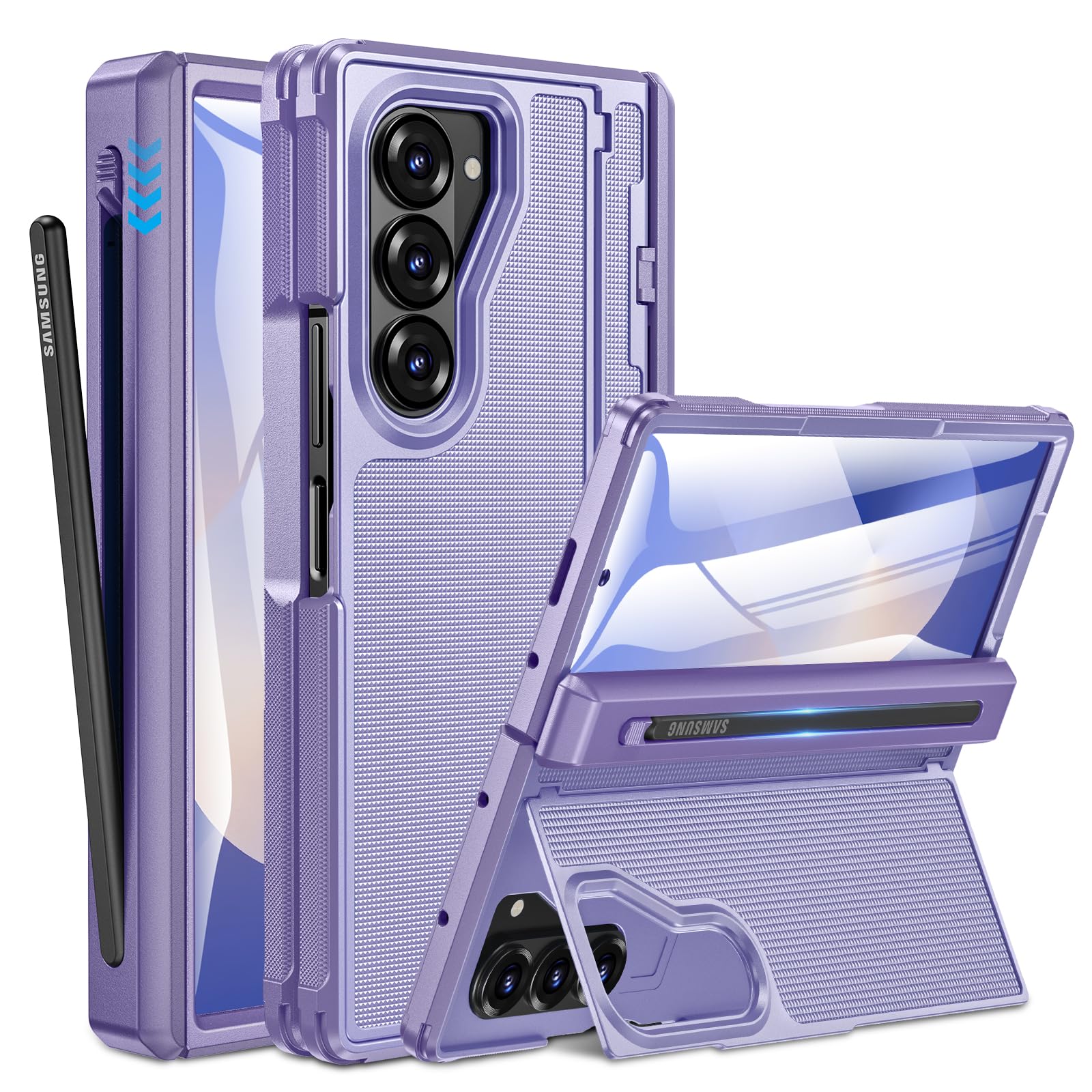 Photo 1 of Caka for Samsung Galaxy Z Fold 6 Case [Thinner S Pen Holder] [Hidden Kickstand] [Hinge Protection] [Screen Protector] Full Body Hard Shockproof Phone Cover with Anti-Slip Textured for Fold6 - Purple