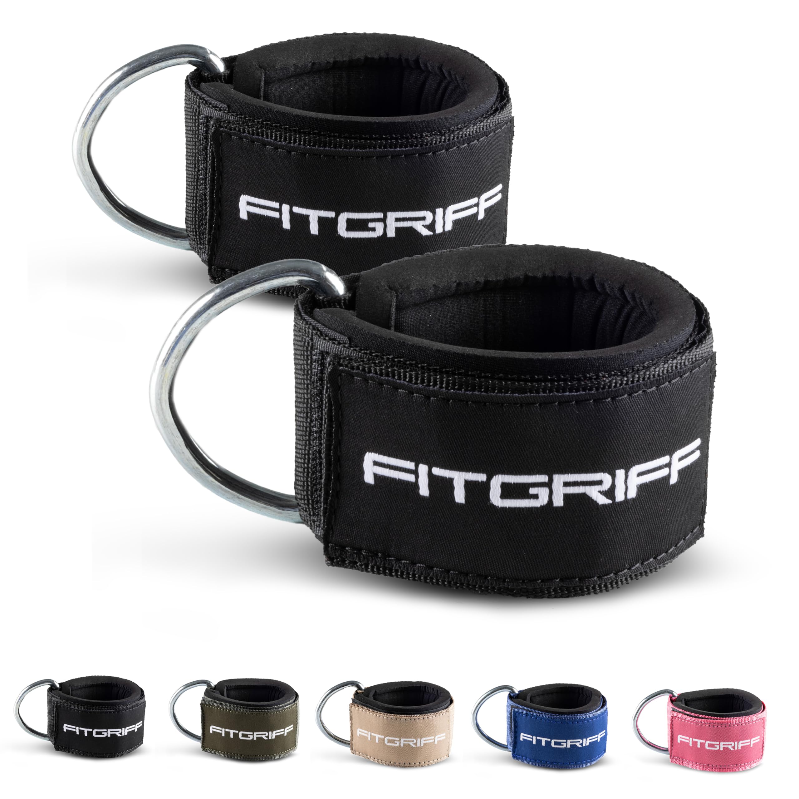 Fitgriff® Ankle Straps for Cable Machines - Heavy Padded Ankle Cuffs (2 pieces) - Gym, Workout, Kickback Exercise for Women and Men (Black)