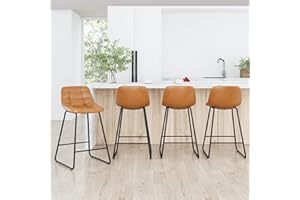 LUE BONA Upholstered Checkered Pattern Bar Stools Set of 4, Faux Leather 24 Inch Counter Height Bar Chairs with Metal Legs for Kithchen Island, Whiskey Brown