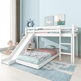 Merax Kids Bunk Bed with Adjustable Ladder & Slide, White Wood Frame view 4