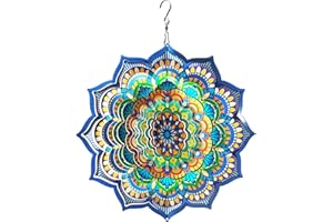 LJlifArt Wind Spinner Mandala Blossom 12 inch 3D Stainless Steel Worth Gift Laser Cut Hanging Wind Spinners Metal Kinetic Yard Art Decorations Indoor/Outdoor Décor