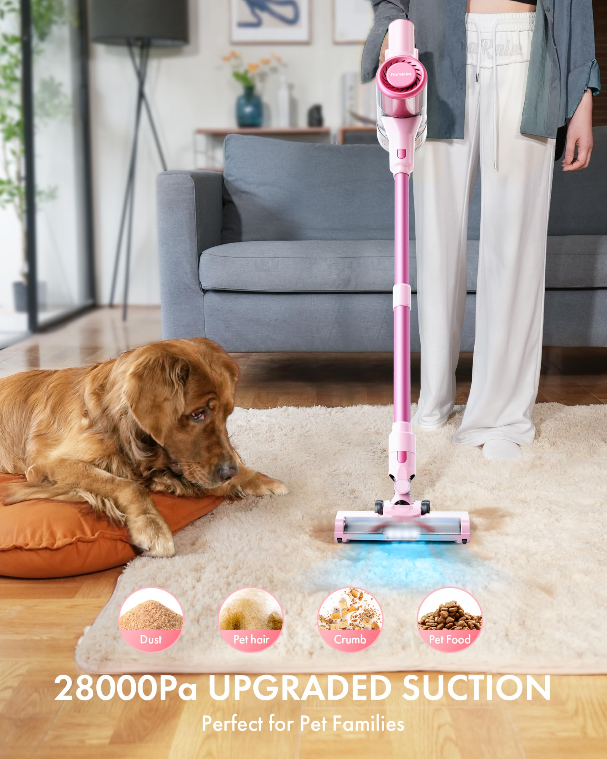 Cordless Vacuum Cleaner, 28Kpa Powerful Suction, 380W Strong Brushless Motor with 8 in 1 Lightweight Stick Vacuum Cleaner with 50 Min Runtime Detachable Battery for Pet Hair & Carpet, Pink