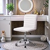 Furmax Vanity Office Desk Chair with Wheels, Armless Small Cute Leather Makeup Computer Task Chair Adjustable Height 360° Swi