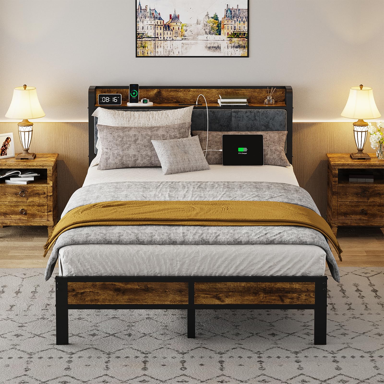 Liians Full Bed Frame with Storage & Charging Station Headboard, Metal Platform Bed No Box Spring Required, Easy Assembly, Noise Free