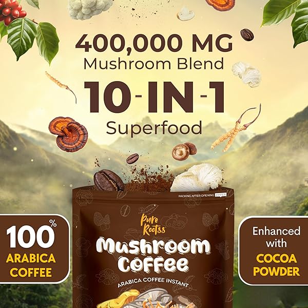 400,000MG MUSHROOM COFFEE 10-IN-1 LOW CAFFEINE, 100% ARABICA COFFEE SUPERFOOD – LION’S MANE, REISHI, CHAGA & COCOA – NATURAL ENERGY & FOCUS BOOST, IMMUNE SUPPORT, JITTERS FREE, SUGAR FREE (7OZ)