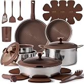 CAROTE 22pcs Hybrid Nonstick Pots and Pans Set, Stainless Steel Cookware Set with Honeycomb Titanium Interior, Induction Safe, Oven Safe, Brown (PFOS, PFOA Free)