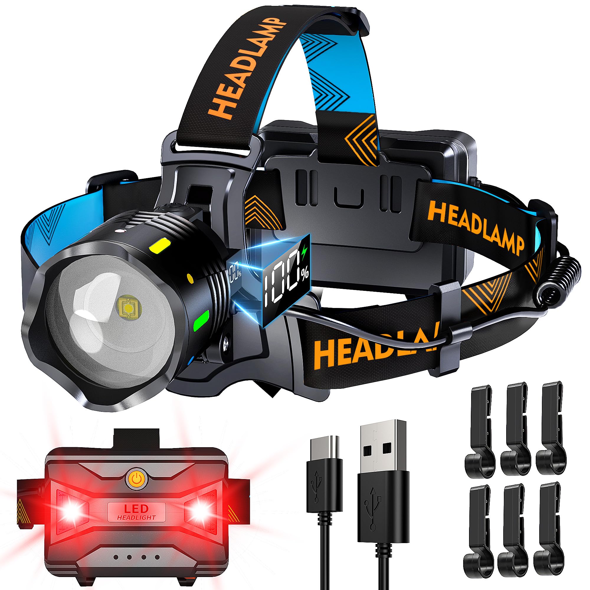 XILUO 210000 Lux 12 Modes Head Torch Energy Saving Adjustable Focus and Motion Sensor, 95H Standby 125°Angle and Warning Headlamp, IP65 Waterproof for Outdoor Walking Fishing Camping Hiking