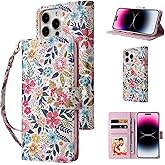 UEEBAI Wallet Case for iPhone 15 Pro, PU Leather Phone Case Kickstand RFID Blocking Flip Case Card Slots Wrist Strap Relief Engraved Pattern Magnetic Closure Flower Folio Case, Multi Flower