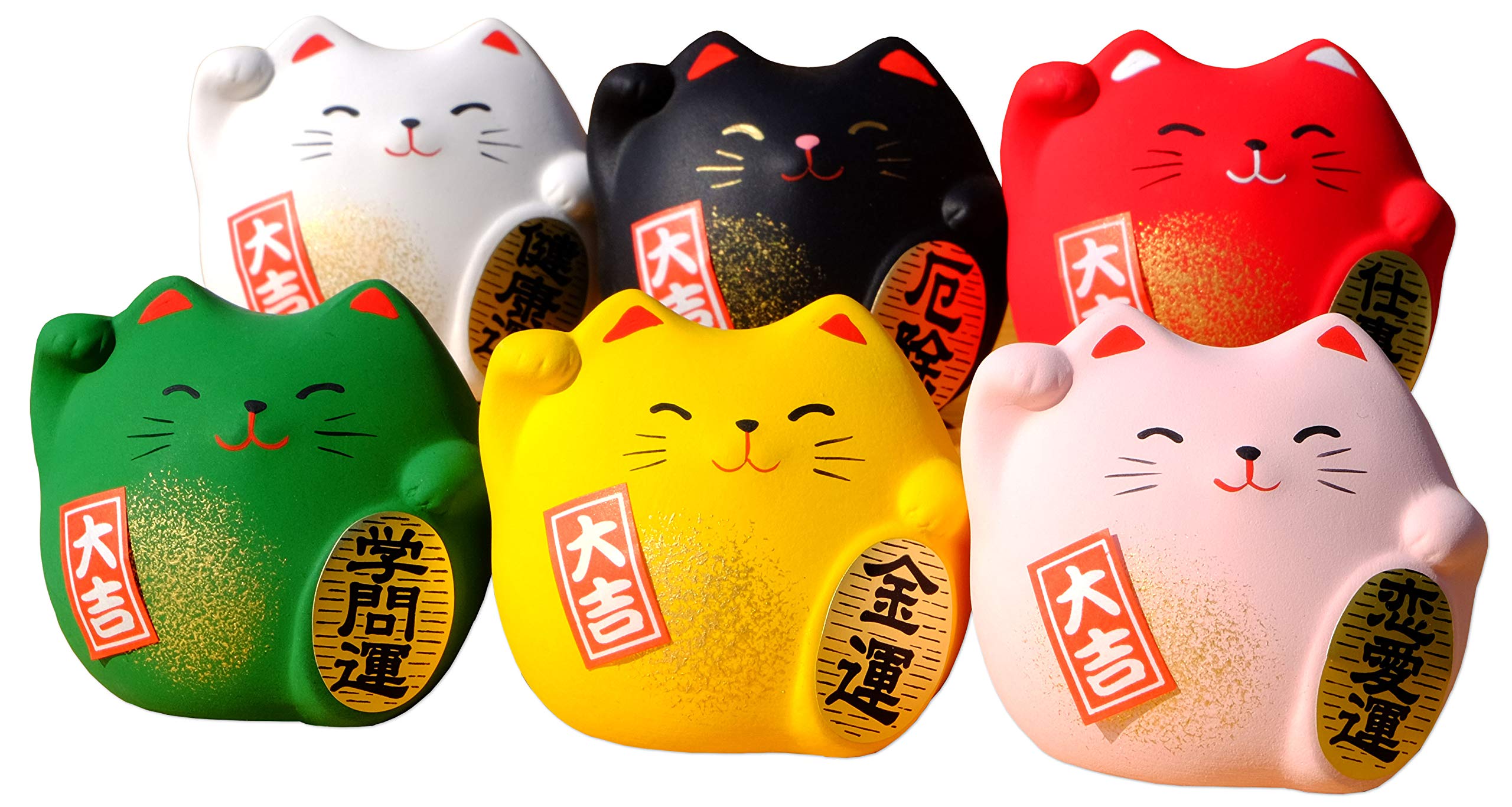 Cute Japanese Maneki Neko Lucky Cats six Round Coloured - 6 Assorted Colours