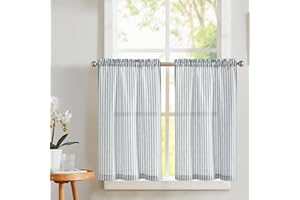 Vangao Stripe Farmhouse Kitchen Curtains 24 Inch Length Linen Cafe Curtains Tickingstripe Tier Drapes Pinstripe Semi-Sheer Small Window Treatments Rod Pocket 2 Panels Blue on Beige
