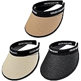 3 Pack Straw Sun Visor Hat for Women Wide Brim Summer UV Protection UPF 50+ Beach Cap Korean Style Golf Cap Sun Visors Black