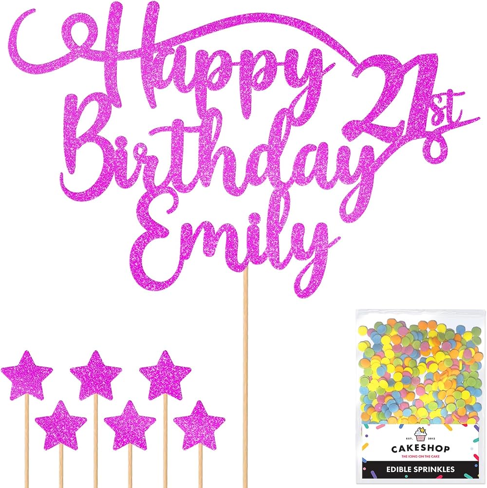 Cakeshop Personalised Happy Birthday Glitter Cake Topper Pink Name Age