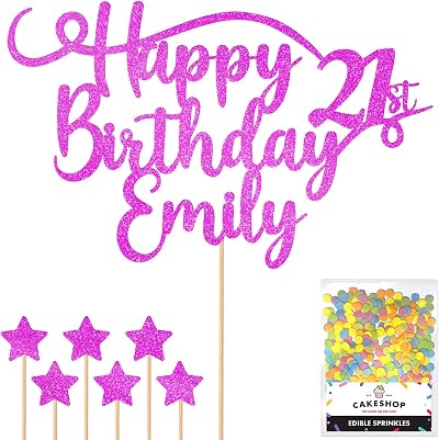 Cakeshop Personalised Happy Birthday Glitter Cake Topper Pink Name Age
