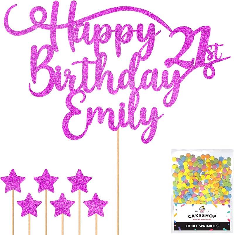 Cakeshop Personalised Happy Birthday Glitter Cake Topper Pink Name Age