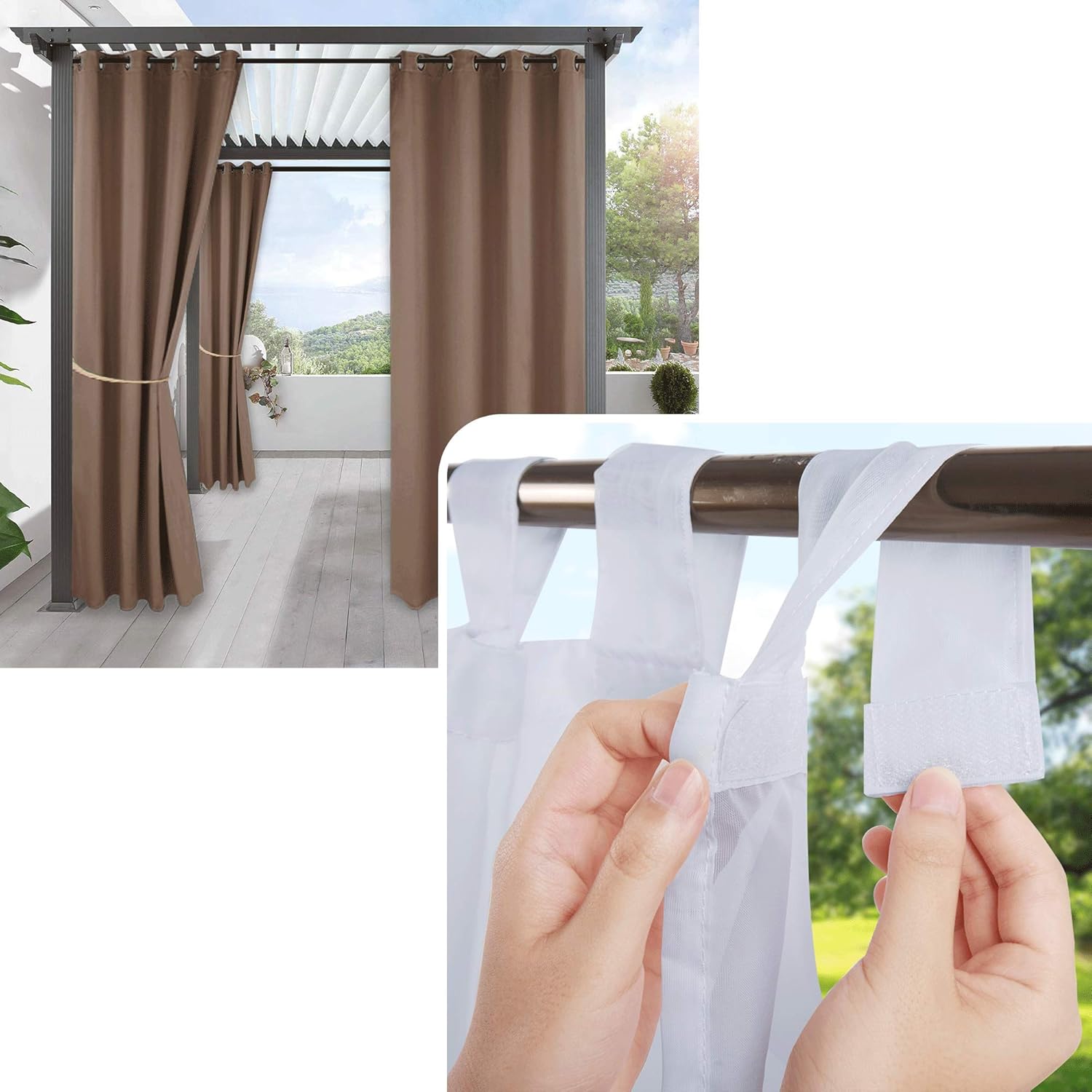 RYB HOME Detachable Sticky Tab Top White Sheer Bundles Waterproof Blackout Curtain