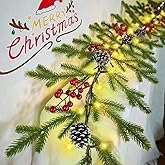 Christmas Garland 6.56 FT 40 LED Norfolk Twig Pine Garlands with Lights Battery Operated with Timer Red Berry Snowy PineCone Christmas Decoration for Mantle Fireplace Indoor Outdoor Holiday Home Decor