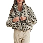 Esmeling Women’s Long Sleeve Cropped Sherpa Fleece Plaid Jacket Casual Chunky Teddy Fleece Outerwear