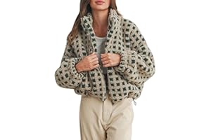 Esmeling Women’s Long Sleeve Cropped Sherpa Fleece Plaid Jacket Casual Chunky Teddy Fleece Outerwear