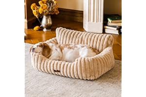 MEWOOFUN Dog Couch Bed, Fluffy Small Dog Bed with Removable Washable Cover, Supportive Cat Couch for Cats & Dogs up to 25 lbs (Camel, 30x21x12)