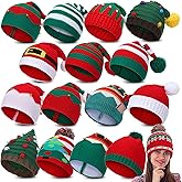 Funtery 16 Pieces Christmas Knitted Hats, Winter Crochet Beanie with Pom, Classic Santa Hat for Kids Adults Family Xmas Holiday