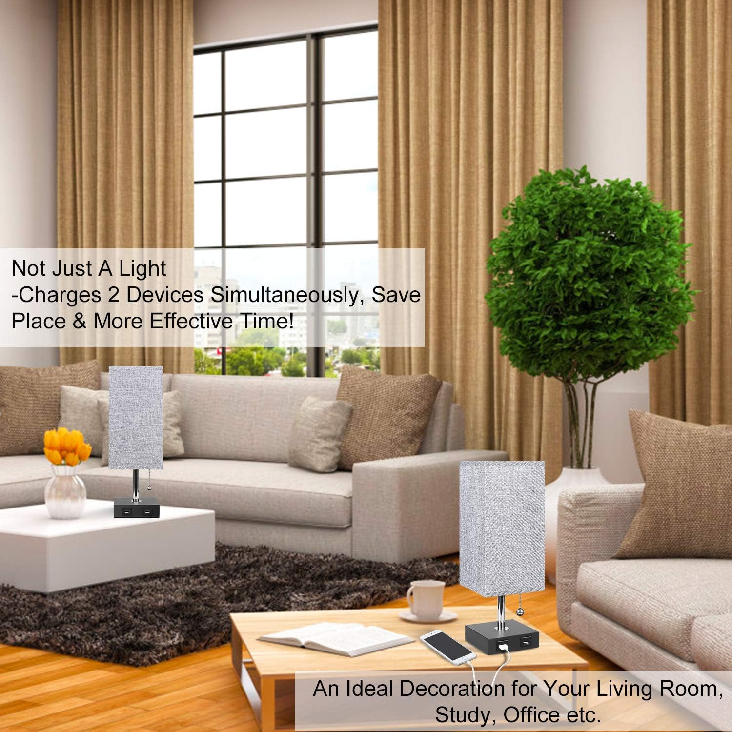 USB Table Lamp, Aooshine Bedside Table Lamps with 2 Useful USB Charging Ports, Solid Wood Nightstand Lamp with Grey Fabric Shade, Ambient Light Perfect for Bedroom, Living Room, Study Room (Pack of 2): Home Improvement