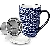 vancasso SELENE Porcelain Tea Mug, 18 oz Porcelain Tea Cup with Infuser and Lid Steeps Loose Leaf Tea, Microwave & Dishwasher Safe, Geometric Weave