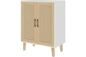 Panana Buffet Cabinet Sideboard with Rattan Decorated Doors Kitchen Storage Cupboard Accent Cabinet (White)