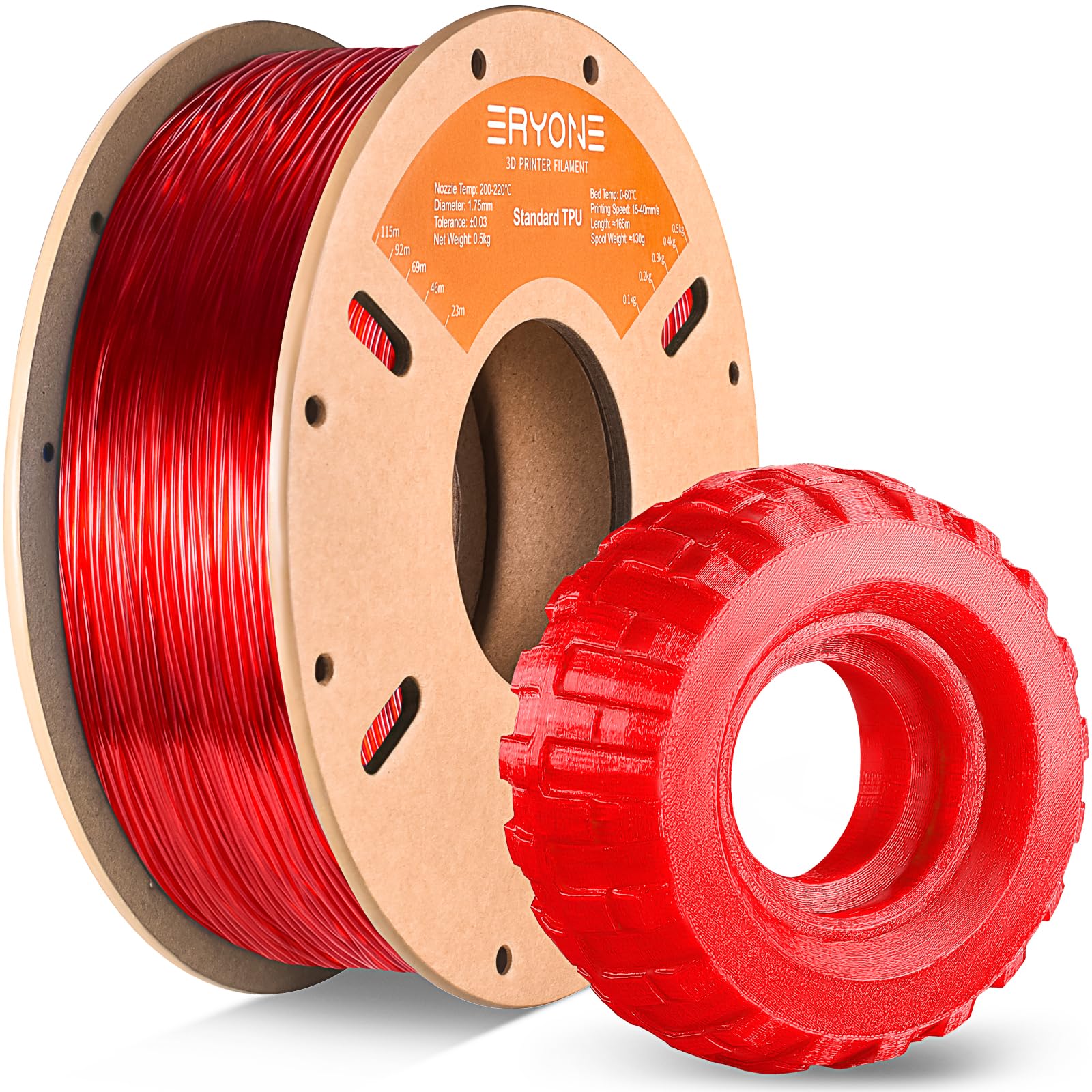 ERYONE TPU Filament 1.75mm, 3D Drucker Filament TPU 0.5kg 1 Spool, -0.05mm, 95A, Transparent red