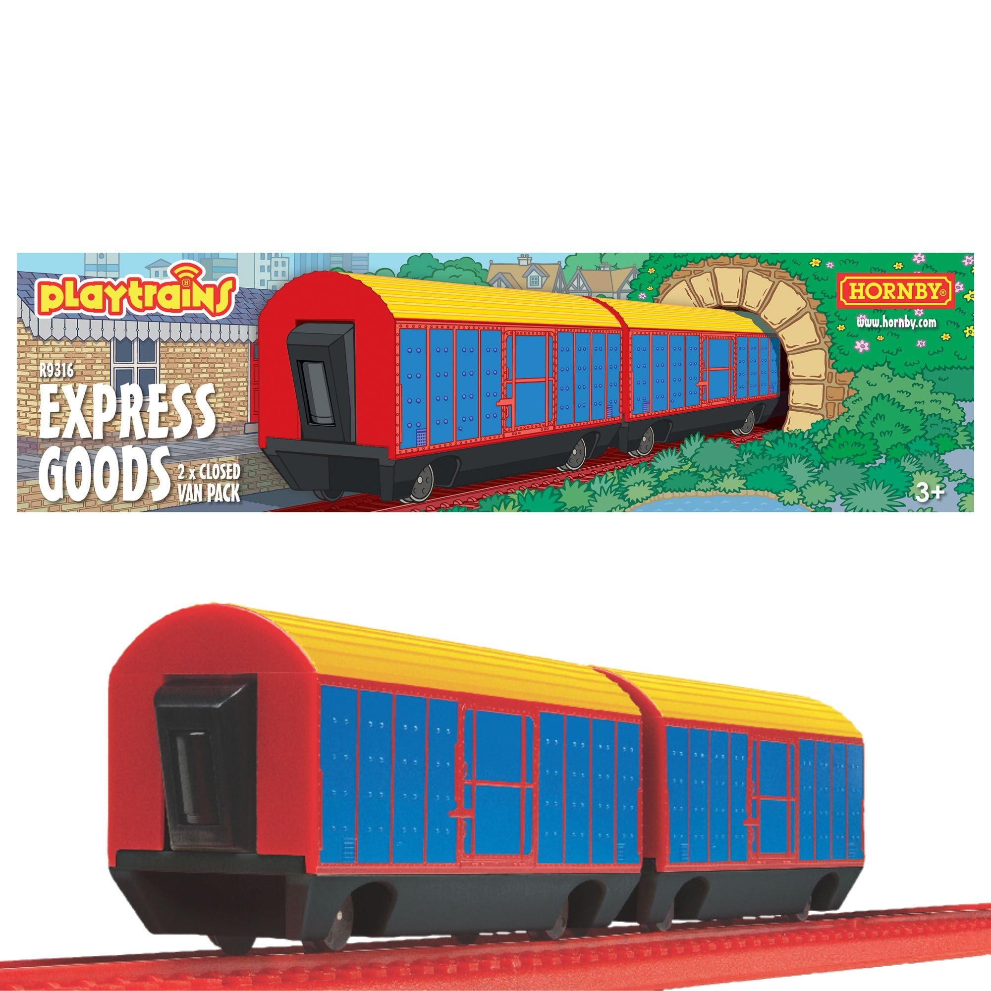 Hornby - R9316 Playtrains - Express Goods Closed Van Pack for Playtrains Remote Controlled Battery Trains - Kids Toy Train Set Accessories for Ages 3+, Childrens Model Trains, Includes: 2x Closed Vans
