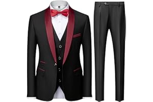 KUDMOL Men's 3 Piece Tuxedo Suit for Men One Button Jacket Suits Slim Fit for Wedding Prom Blazer Vest Pants
