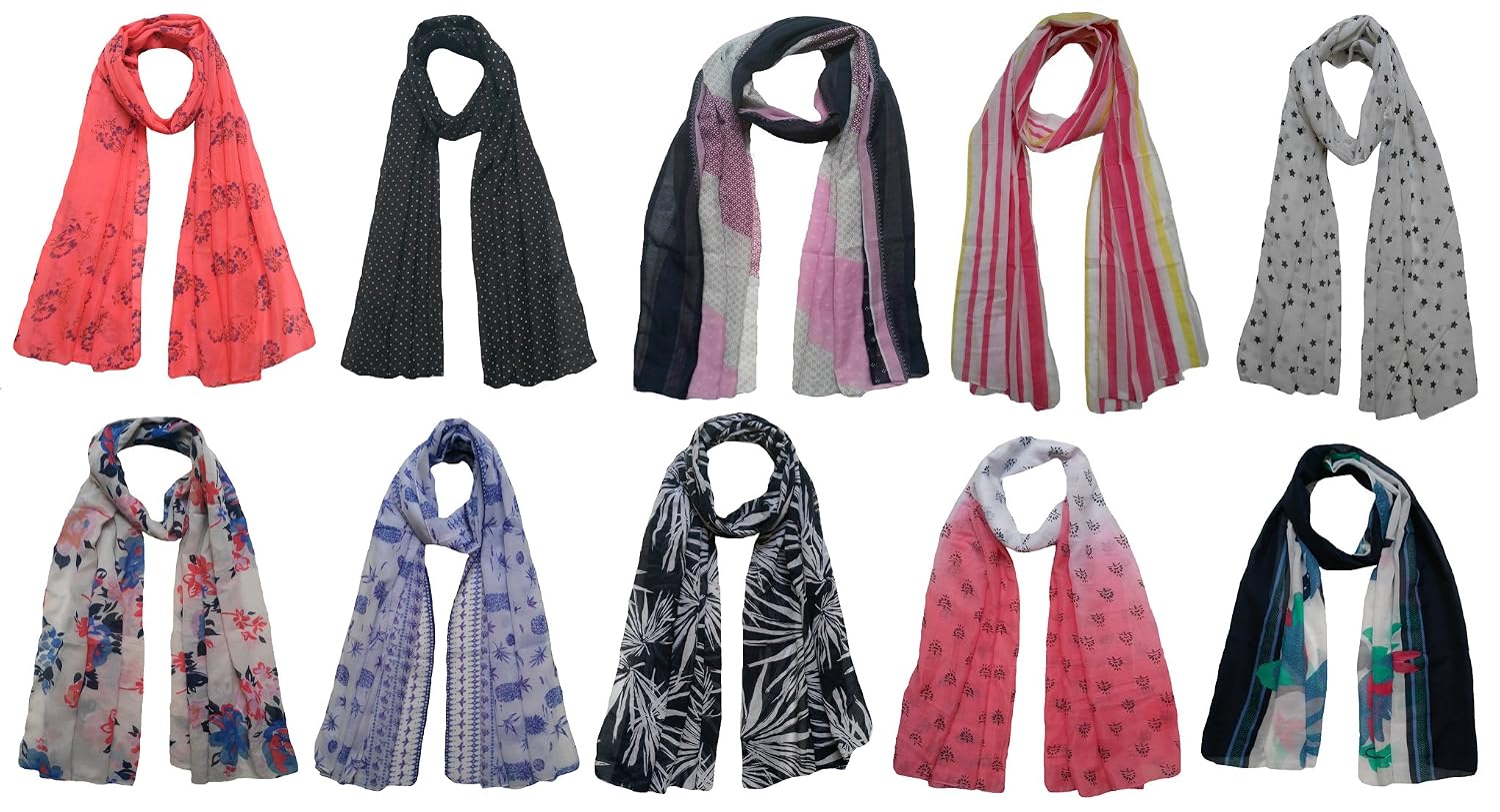 fusfus women's poly cotton printed stoles (multicolour) - pack of 10