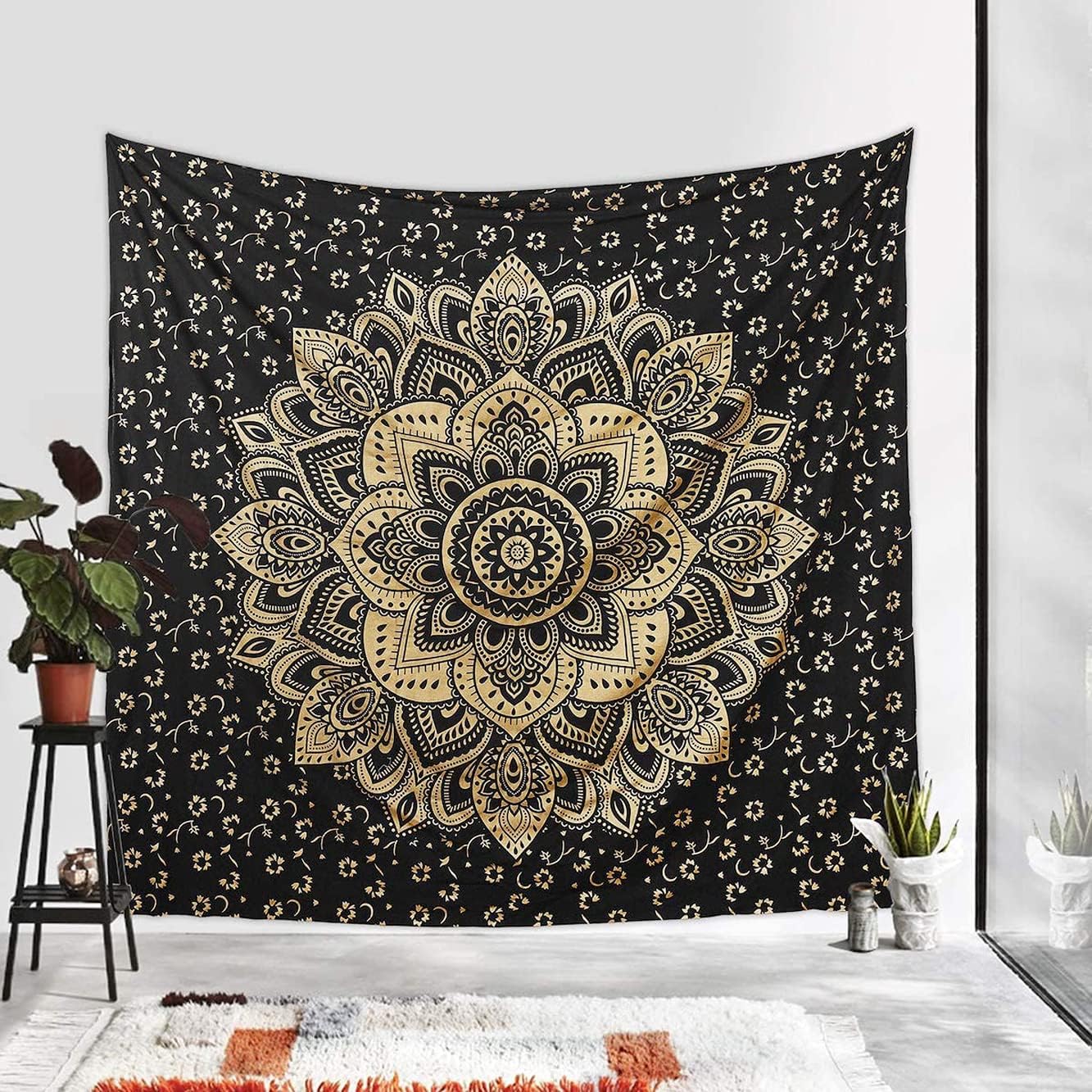 Bless International Indian Traditional Mandala Hippie Wall Hanging, Cotton Tapestry Ombre Bohemian Bedspread (King (88x104Inches)(225x265Cms)), Black Gold Flower