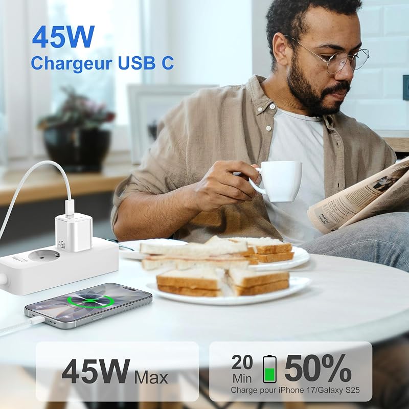 45W Chargeur USB C Rapide： GaN Prise USB C Chargeur Rapide PD3.0 Bloc Super Charge pour Smartphone Comprimés avec 60W Cable Type C 1M Secteur USBC Embout Adapteur