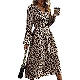 Milumia Women's Leopard Print Midi Dress V Neck A Line Long Elastic Waist Casual Dresses