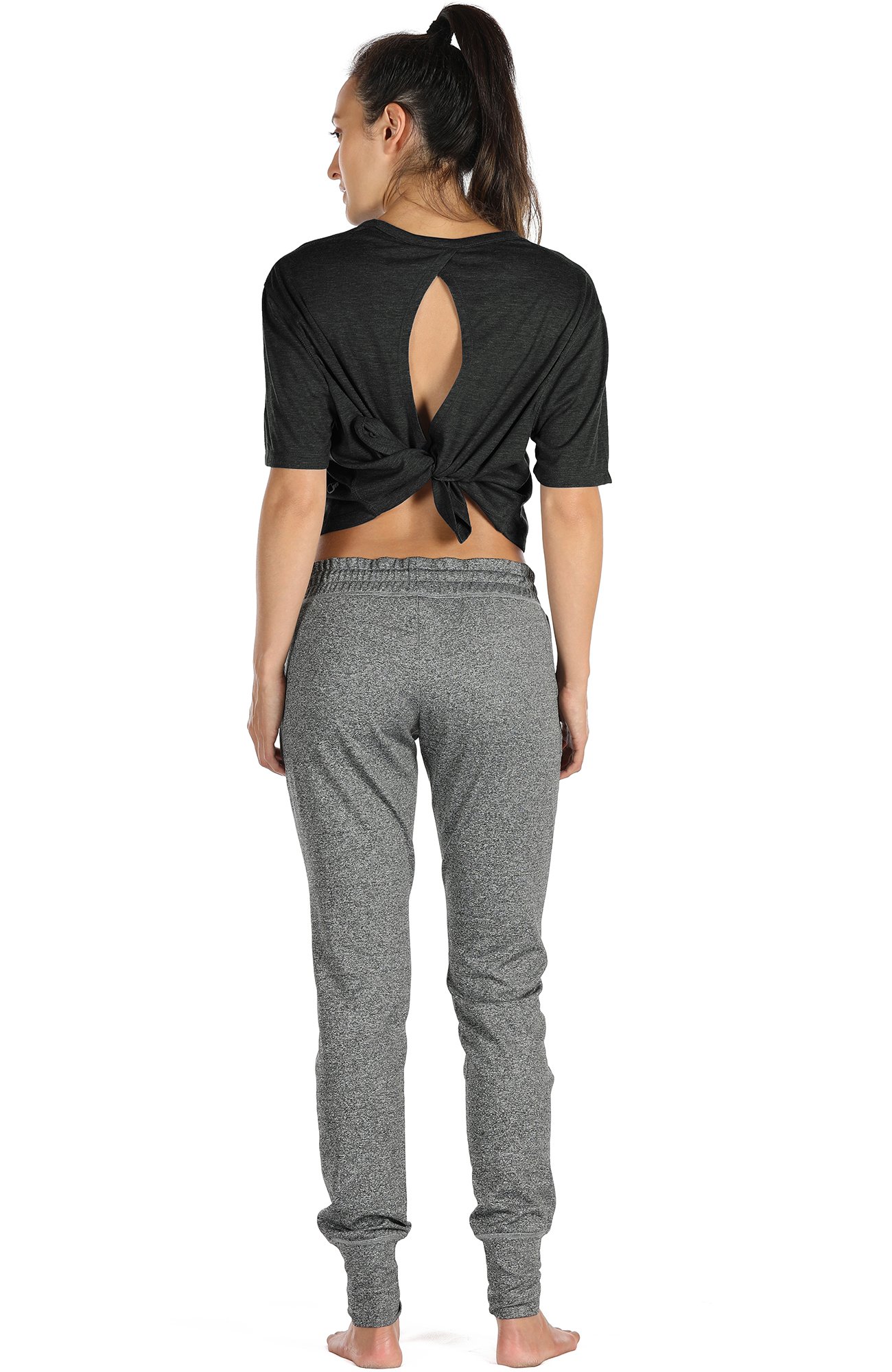 icyzone Open Back Workout Top Shirts - Yoga t-Shirts Activewear Exercise Crop Tops For Women (M, Black)