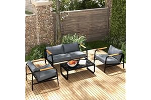 Mars Villa Metal Patio Furniture Set, 4 Pieces Modern Outdoor Conversation Set, Patio Set with Sofa and Coffee Table for Balcony, Garden, Deck and Porch, Black and Grey